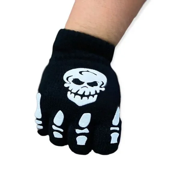 Gothic Glow In The Dark Skulls Black Knit Cover Fingerless Gloves NEW