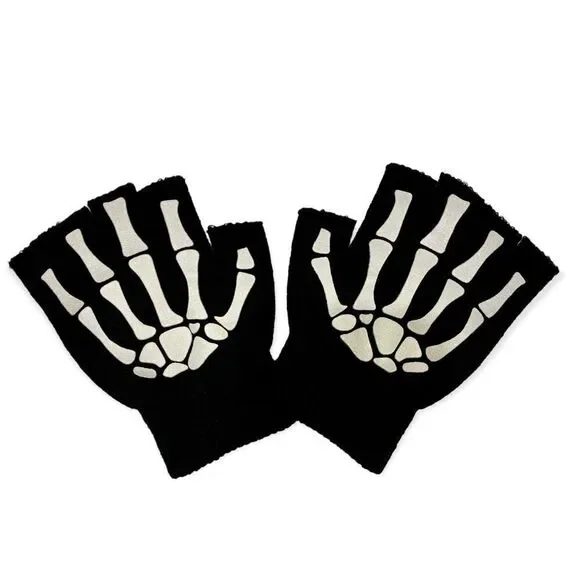 Gothic Glow In The Dark Skeleton Fingers Black Knit Shirt Cover Gloves NEW