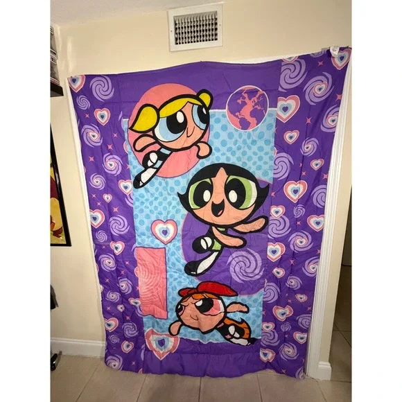 VTG Power Puff Girls Twin Comforter Blanket Y2K Vintage Purple Pink Hearts