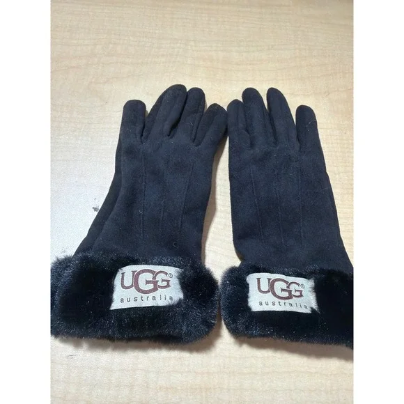 UGG Australia Womens Black Suede Gloves Faux Fur Trim Winter Accessories Logo