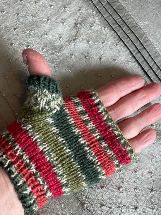 Peruvian Hand knit Wool Fingerless Gloves Green, Red & Cream Stripes