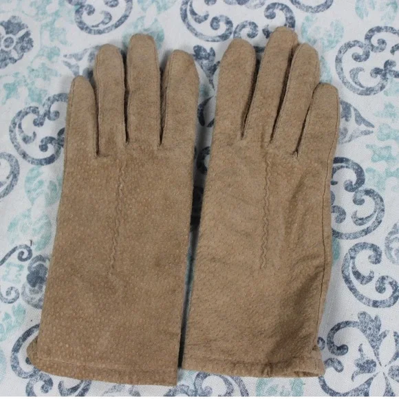 Fownes Womens Tan Suede Gloves Med‎ Acrylic Lined Camel Vintage Style WPL 9522