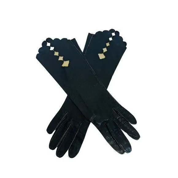 Vintage Ladies Soft Black  Leather Gloves Size 6 In Good Condition Detail Design