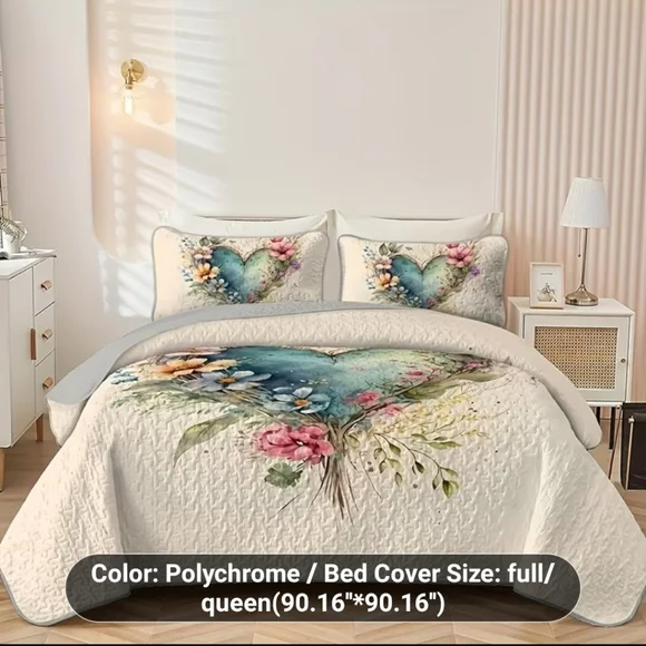 New 3pc Heart Floral Quilt Set sz Queen #1559-1323