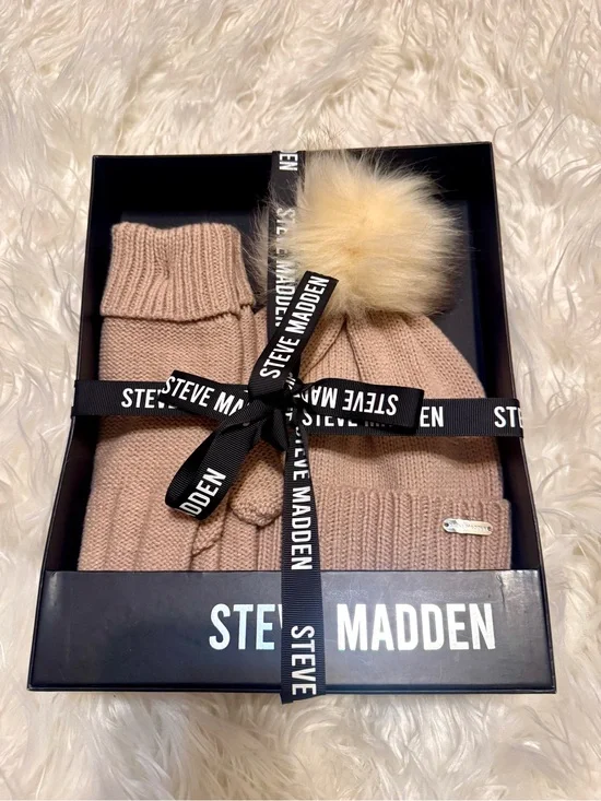 Steve Madden Blush Knit Beanie and Glove Gift Set with Faux Fur Pom