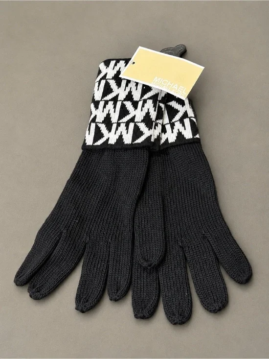 Michael Kors Black Knit Gloves with White Logo Cuff