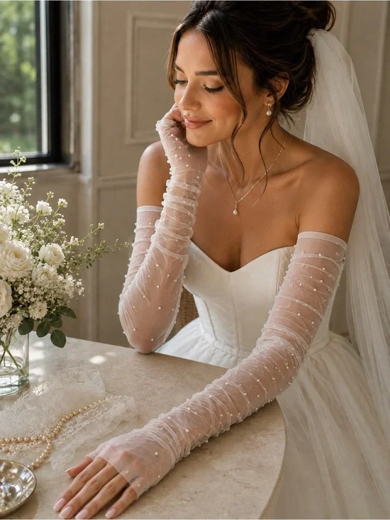 Anthropologie Pearl Tulle Fingerless Bridal Gloves Sheer Mesh Wedding Coquette