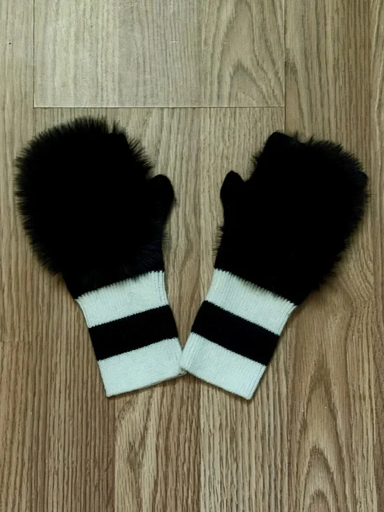 Black Faux Fur Fingerless Mittens with Cream & Black Striped Cuffs