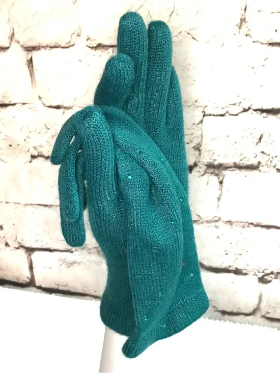 NWT Embellished TEAL Knit Gloves One size 1 Pair NEW WITH TAGS