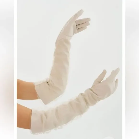 LaMarque Marilyn faux leather tulle gloves bone cream elbow length Revolve