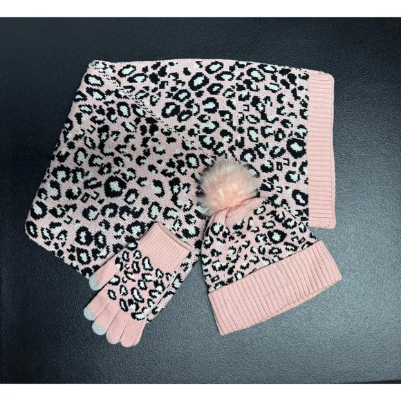 Women's Scarf, Hat and Glove Set,‎ Pink and Black Leopard Print