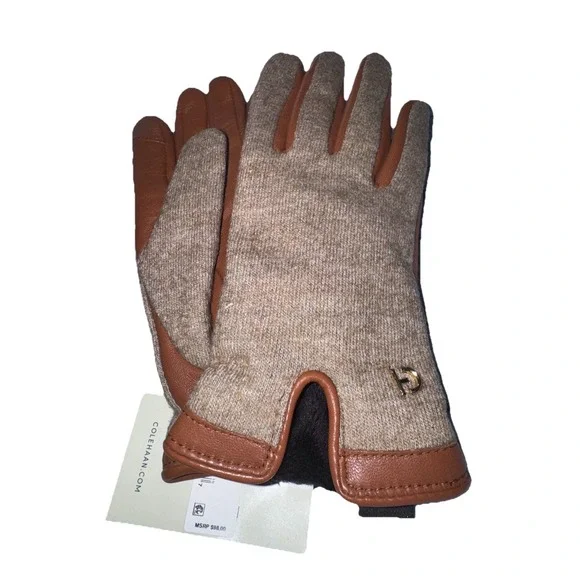 Cole Haan Women Woven Backed Gloves Sz S Teak Colorblock‎ Brown Tan Wool Leather