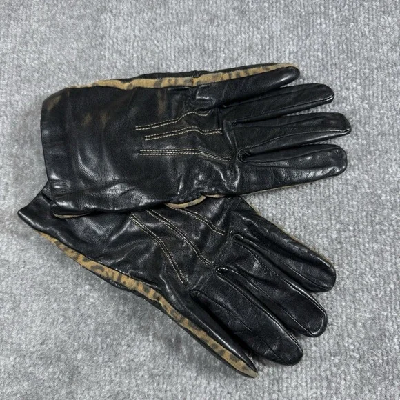 Leather Gloves Womens Black Cashmere Lambswool Blens Lined Animal Print
