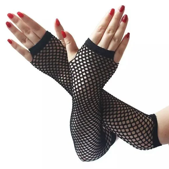 Long Fingerless Fishnet Gloves BLACK