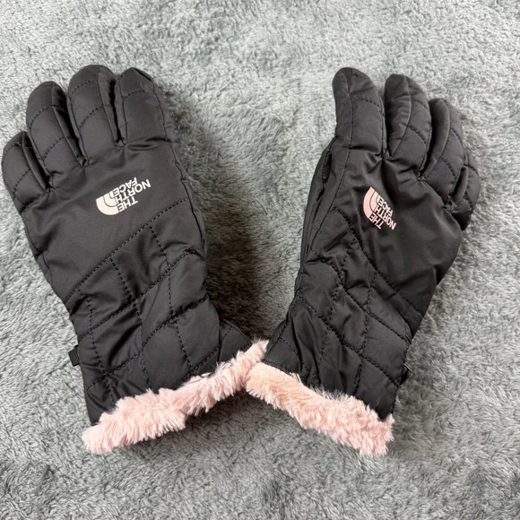 The North Face Womens Black Pink Quilted Faux Fur Lined Thermal Gloves Size M