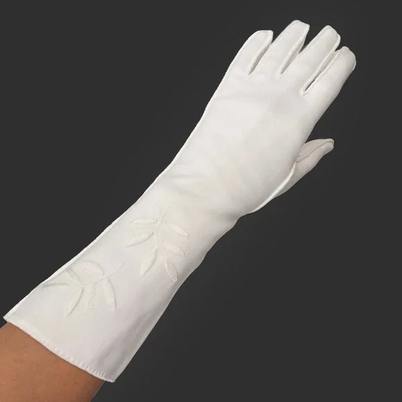 VTG White Embroidered Leaf Opera Gloves Long Formal Bridal Wedding Mid Century‎
