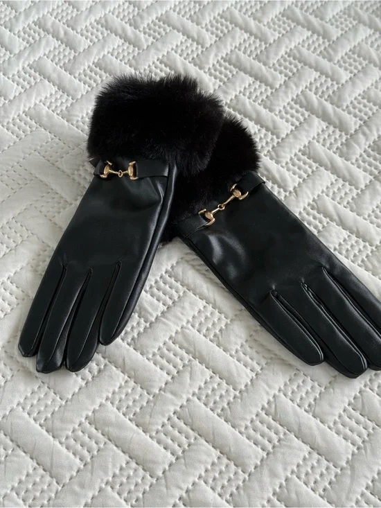 Vince Camuto Black Leather Gloves with Faux Fur Cuff and Gold Accent