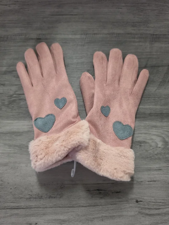 Pink Heart-Appliqué Faux-Fur Cuff Gloves Ultra Sweet