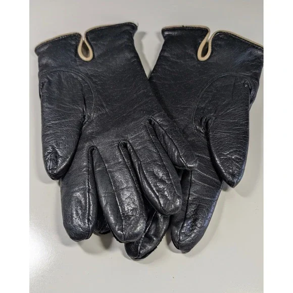 Womens Black Vintage Leather Gloves Tan Trim Acrylic‎ Lined Size M WPL 9745