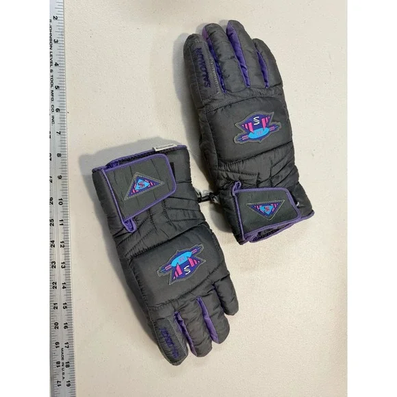 Salomon SG 700 Club Graphite Vintage Ski Gloves Grey Purple Neon‎ XS Retro 90s