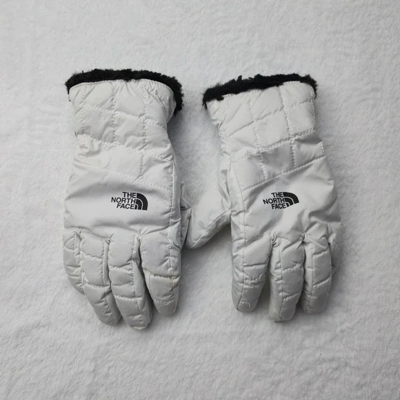 The North Face Womens Quilted Winter Gloves White Faux Fur Trim Medium