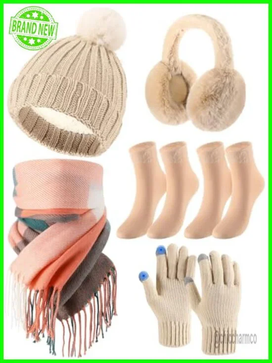 6 Pcs Winter Hat Scarf Gloves Set Knitted Touchscreen Gloves Plaid Scarf