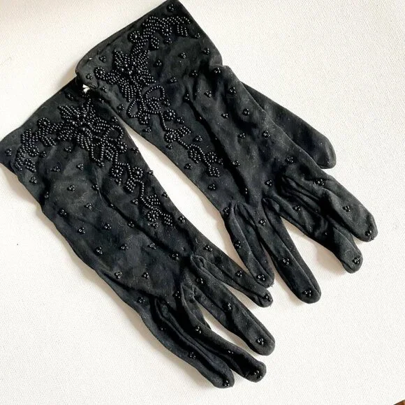 Vintage Deadstock Black Stretchy Beaded Black Wrist Gloves Fine Quality 7