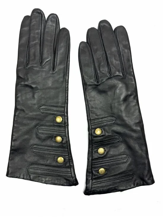 Mercer & Madison Black Leather Gloves Silk Lined XL 12” Long Brass Stud Accent