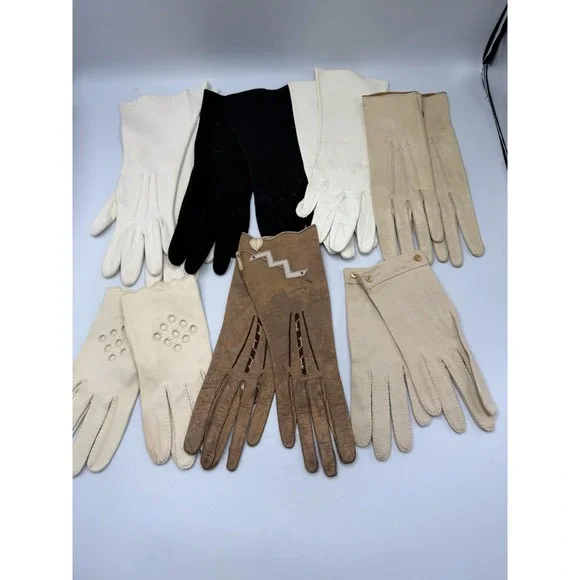 Vtg Delicate Kid Leather & Fabric Dress Gloves Lot of 7 Embroidered Decor Only