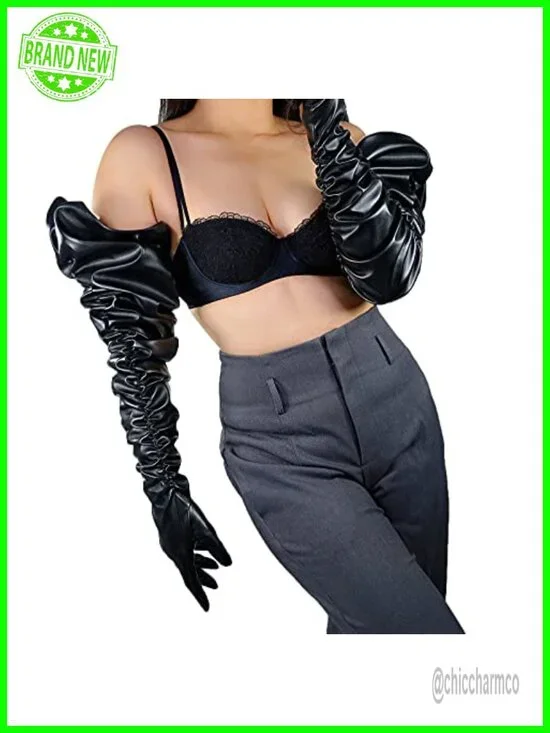 Faux Leather Ruched Pleated Wide Sleeve Shoulder Length Gloves