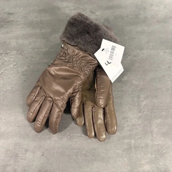 UGG Quilted Tech Gloves Women S/M Stormy Grey Bronze Brown Leather Shearling New