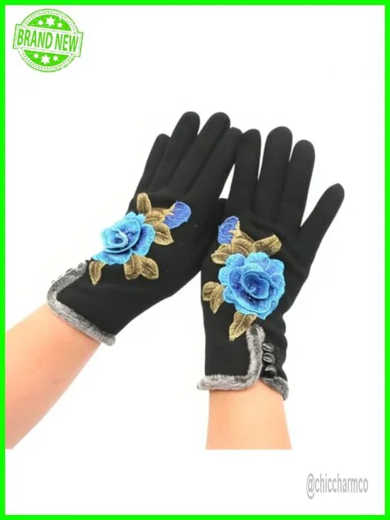 Winter Warm Mittens Fleece Lining Touchscreen Fingertips Embroidered Flowers