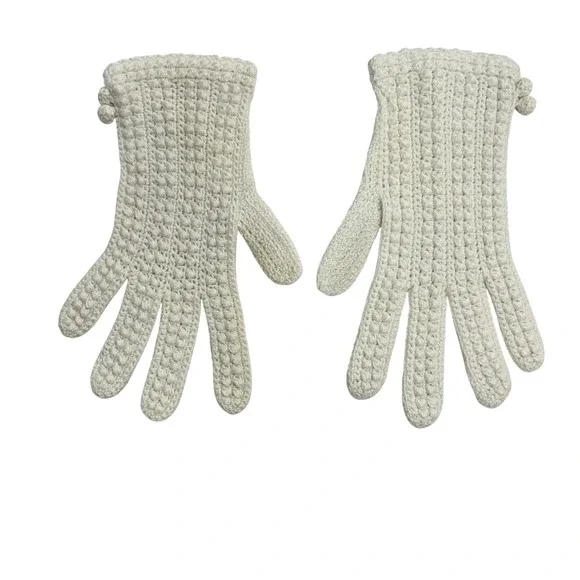Vintage Victorian Dainty Crochet Knit Pom Pom Wrist Length Gloves S Cream