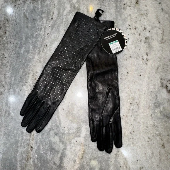 NWT‎ Newman Marcus Long Studded Leather Gloves Black NEW 2012 Women's S/M Luxury