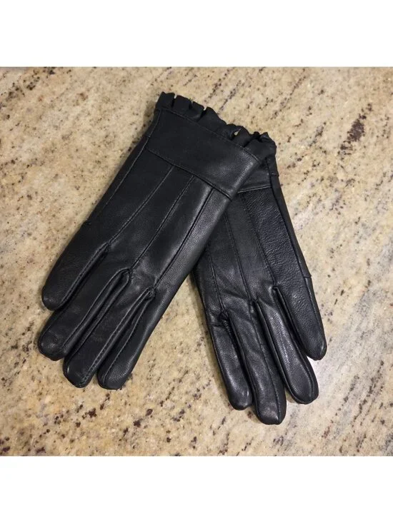 New! Women's Size S Black Leather Fleece Lined Gloves Ruffle Edge