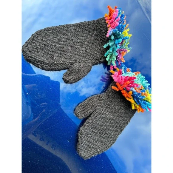 Hand Knit Wool Mittens Charcoal Grey with‎ Rainbow Loop Fringe Trim Boho Winter