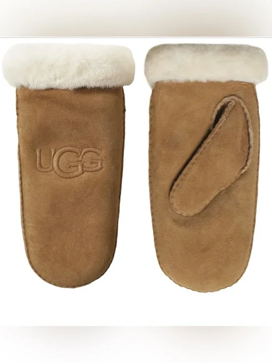 UGG Chestnut Suede Embroidered Shearling-Trim Mittens