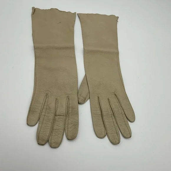 Vintage Beige Leather Opera Length Evening Gloves Mid Arm Tan Formal Accessory‎
