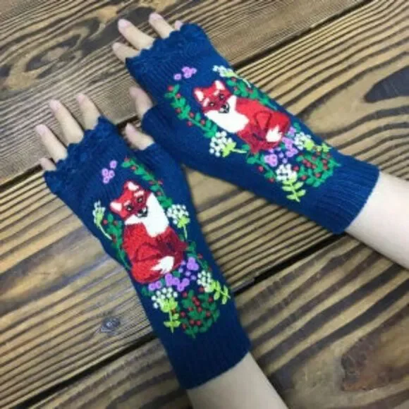 Winter Knit Gloves, Handmade Embroidery, Knitted Fox Gloves Arm Warmer Women