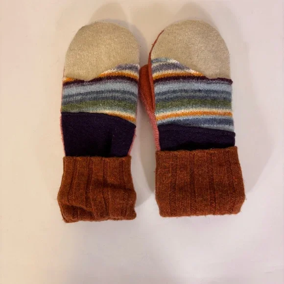 Handmade Orange Colorful Striped Felt Mittens Women’s Medium‎