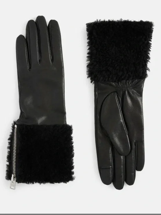 AllSaints Sasha Leather Faux Shearling Trim Gloves