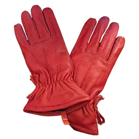 Vintage Deadstock Leather Gloves Red Thinsulate Winter Chic Bow Detail NWT