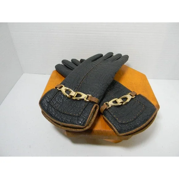 Aris Snuggler Black Driving Gloves Women's  Vtg Vinyl Backed Sherpa Lined