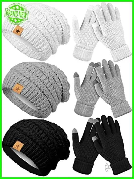 6 Pc Winter Beanie Hat & Glove Set Warm Knitted Touchscreen