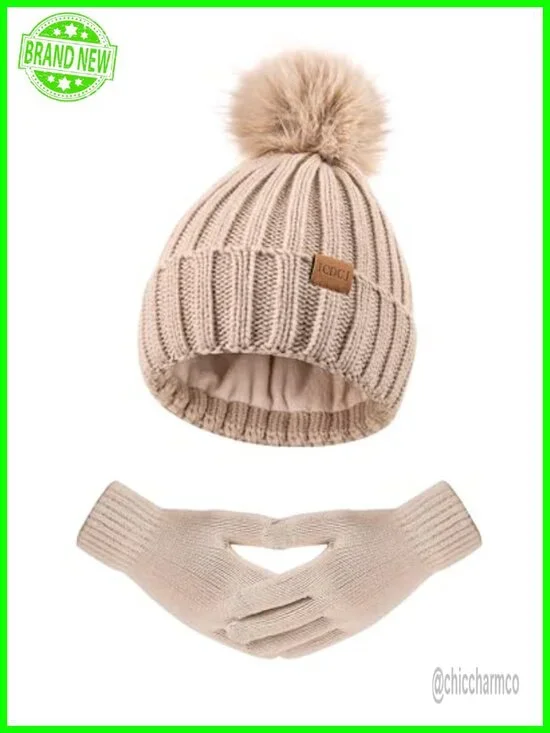 Winter Beanie Hat Gloves Set Fleece Lined PomPom Touchscreen Gloves