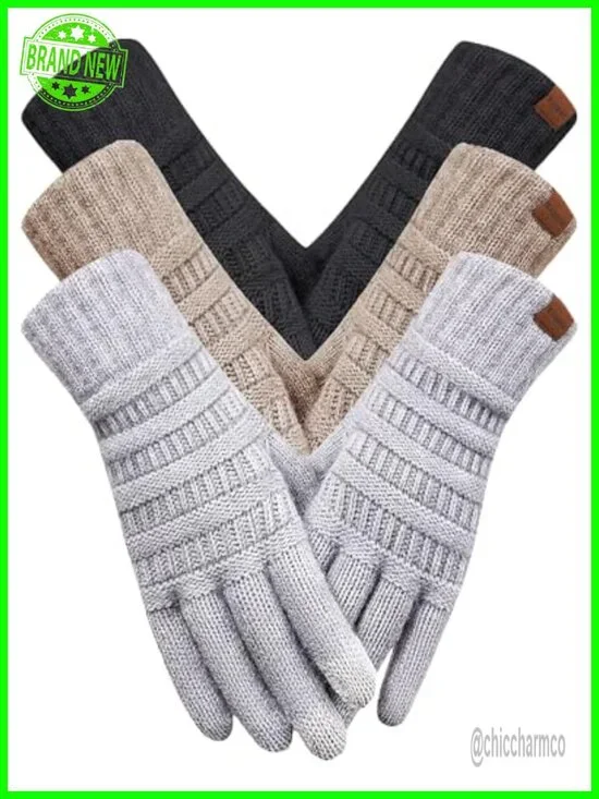 3 Pairs Touchscreen Winter Gloves Thermal Lined Knit Gloves for Women