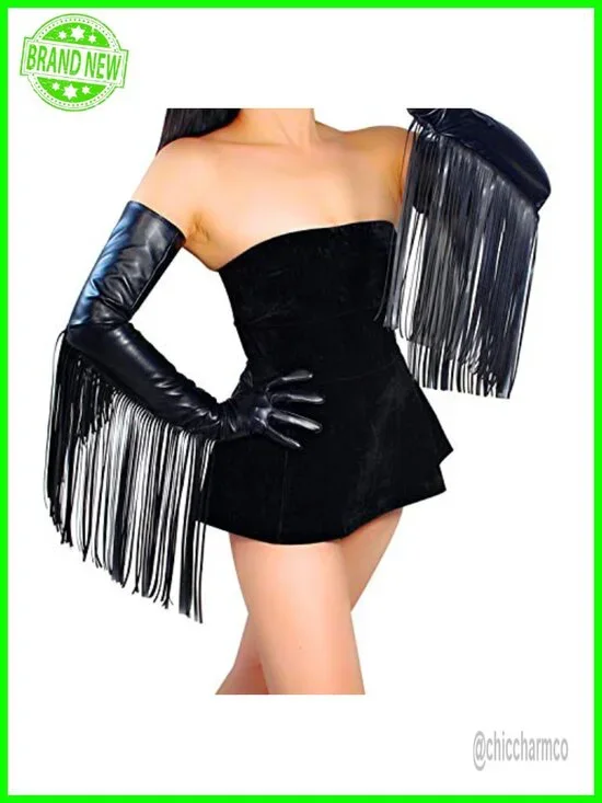 Women Faux Leather Long Fringe Tassel Gloves 28