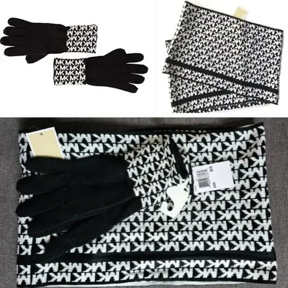 Michael Kors 2 pc Black & White MK Logo monogram Knit Cuffed Gloves & Scarf set