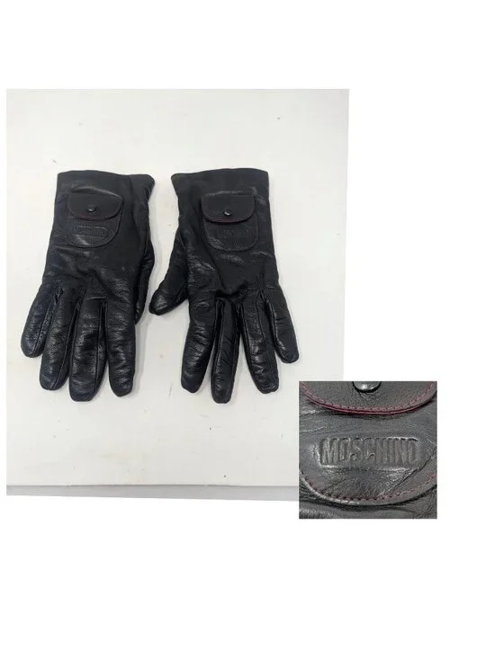 Vintage Y2K Moschino Black Leather Gloves Medium Italy Lambswool