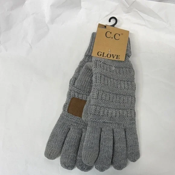 C.C light Melange Grey Knit smart tip touchscreen compatible lined Gloves